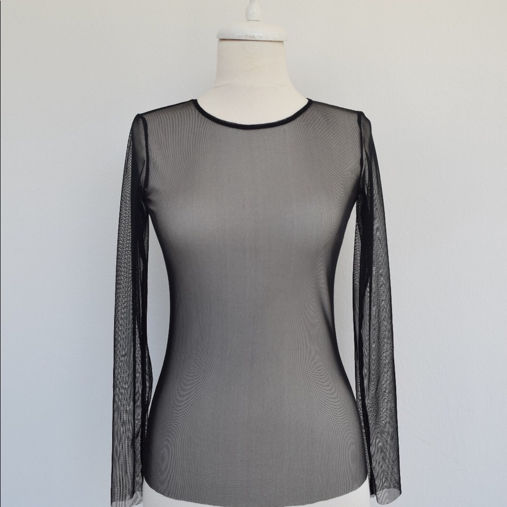 Black Mesh Top Lace Long Sleeve Elastic Tulle Top